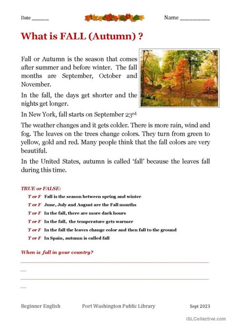 Autumn Worksheet, Beginner Reading, Esl Reading Comprehension, Fall Worksheets, Esl Reading, Fall Starts, 4 Grade, Reading For Beginners, English Exercises