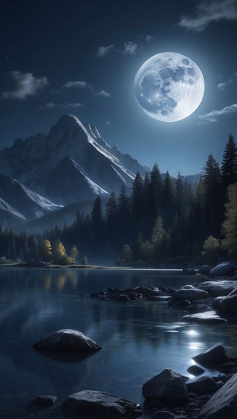 Full Moon Over Lake, Moon And Mountains Painting, Background Moon Aesthetic, Mountain Lake Aesthetic, Night Lake Aesthetic, Full Moon Aesthetic Wallpaper, Bulan Aesthetic Night, Fantasy Moon Art, La Luna Aesthetic