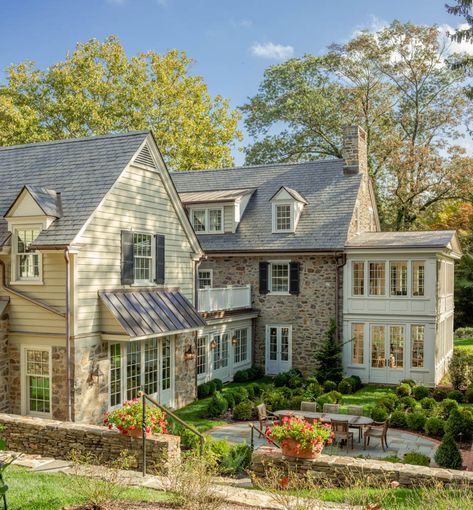 Pennsylvania Home Exterior, Traditional Country Home Exterior, Pinterest House Exterior, Historical Exterior House Colors, Stone House Addition, Interiors With Character, Old Renovated Houses Exterior, Modern House With Character, House With Sunroom Exterior