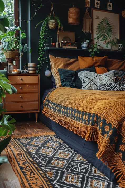 Black Bedroom Furniture Boho, Boho Bedroom Emerald Green, Dark Boho Bedding, Boho Masculine Bedroom, Black And Orange Bedroom Ideas, Black And Earthy Bedroom, Black Earthy Bedroom, Green Boho Room Ideas Bedroom, Jewel Tone Boho Bedroom