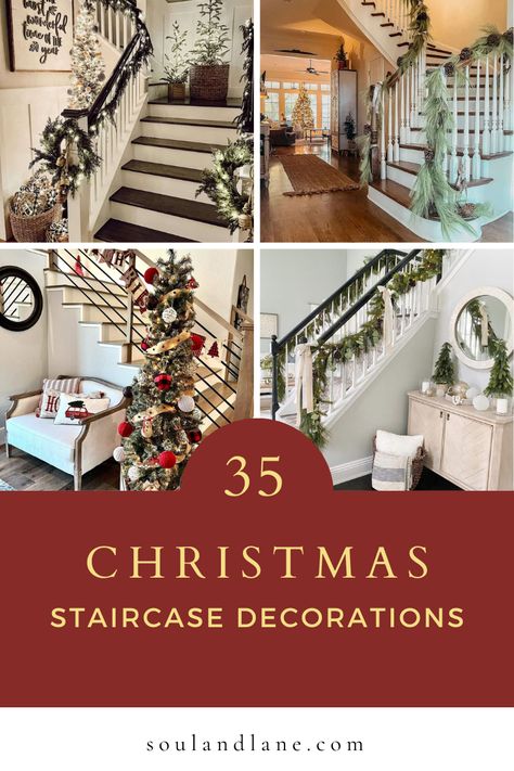 Christmas Staircase Decor Ribbon, Christmas Outdoor Stairs Decorations, Christmas Bannisters Ideas, Two Story Foyer Christmas Decor, Christmas Decor For Railings Banisters, Stair Railing Decorations Christmas, Christmas Decor For Staircase Railings, Stair Christmas Decorating Ideas, Decorating Stair Railing For Christmas