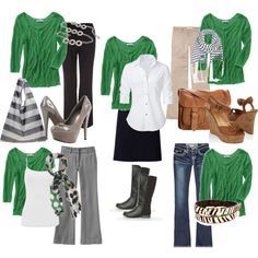 Capsule Wardrobe Outfits And Accessories, Minimalist Capsule Wardrobe, Capsule Outfits, Green Cardigan, Green Outfit, Green Top, Komplette Outfits, Kelly Green, Work Fashion