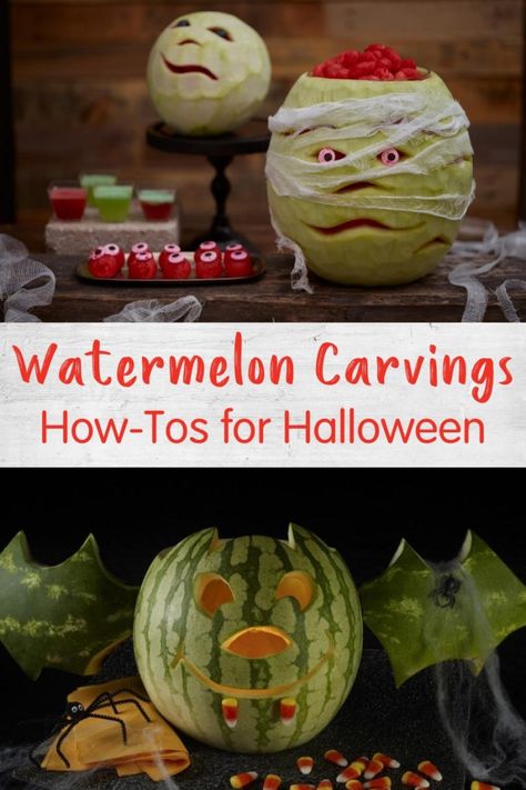 We know all about carving pumpkins for Halloween, but what about watermelon? Get how-tos on how to carve watermelons into fun Halloween characters like Frankenstein, a mummy, witch or bat. Halloween Party Menu, Frankenstein Pumpkin, Pumpkins For Halloween, Candy Eyeballs, School Recipes, Watermelon Carving, Carving Pumpkins, Fresh Fruit Salad, Halloween Characters