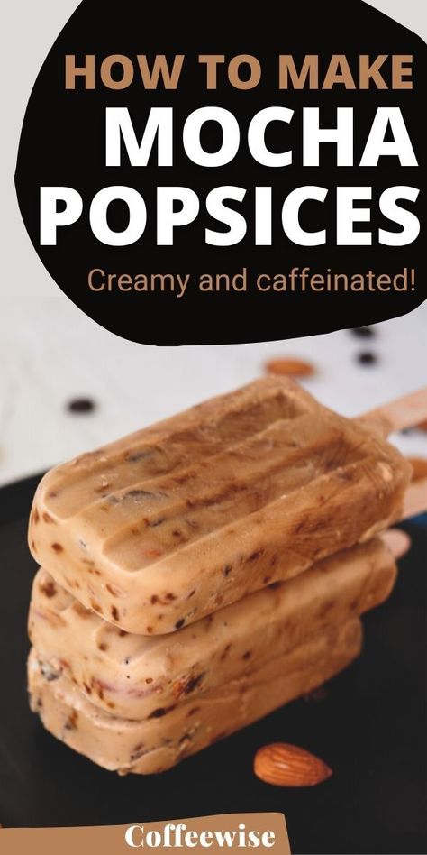 Love coffee and popsicles? Try these easy mocha popsicles. Studded with chunks of almond and chocolate this creamy iced coffee popsicles recipe is the perfect Summer treat for coffee lovers | Homemade ice pops | How to make popsicles | Popsicle coffee recipes Homemade Mocha Coffee, Creamy Iced Coffee, Iced Coffee Popsicles, Make Popsicles, Coffee Popsicles, Homemade Mocha, Homemade Ice Pops, Coffee Ice Cream Recipe, Coffee Smoothie Recipes