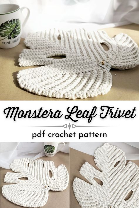 Check out this beauitful structural monstera leaf trivet crochet Pattern! What a grogeous and thick table protector for your dining table. So on trend with the monstera leaf. I can't wait to make a bunch of these as gifts! #MonsteraLeaf #CrochetPattern #CrochetMonstera #CrochetedTrivet #CrochetedPlaceMat #MonsteraTrivet #MonsteraDecor #BohoDecor #LapaLand #CraftEvangelist Crochet Patterns Leaf, Crochet Leaf Placemat Free Pattern, Leaf Pattern Crochet Blanket, Crochet Leaf Placemat, Crochet Table Decor, Monstera Crochet Pattern Free, Which Way Filet Crochet Pattern, Crochet Monstera Leaf Pattern, Free Written Crochet Patterns