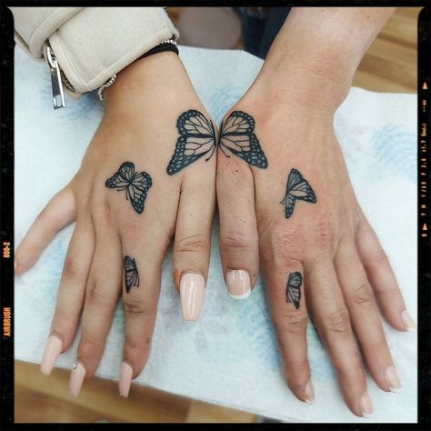 Monarch Tattoo, Friends Tattoos, Tattoos 2023, Bestie Tattoos, Thumb Tattoos, Butterfly Hand Tattoo, Matching Best Friend Tattoos, Favorite Tattoos, Hand And Finger Tattoos