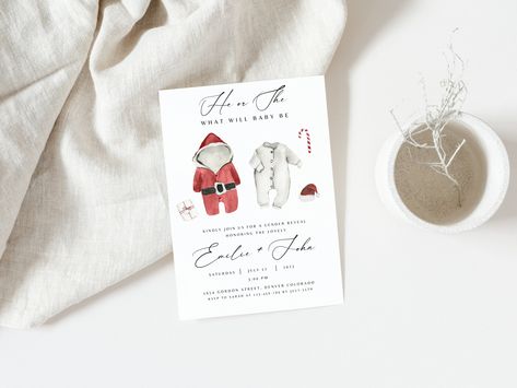 Christmas Gender Reveal Invitation, Editable Gender Reveal Invite Template, Santa Baby Clothes Winter Gender Reveal Invitation, He or She by HappyinviteCo on Etsy Christmas Gender Reveal Party, Winter Gender Reveal, Baseball Baby Shower Invitations, Construction Baby Shower, Christmas Gender Reveal, Baseball Baby Shower Theme, Gender Reveal Party Invitations, Baby Kleidung, Christmas Baby Shower