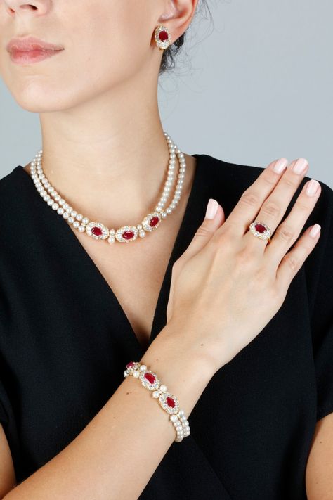 RUBY, CULTURED PEARL AND DIAMOND PARURE | Fine Jewels2020 | Sotheby's Ruby Jewelry Necklaces Gold, Diamond Parure, Ruby Necklace Designs, Ruby Jewelry Necklaces, Crystal Wedding Necklace, Pearl Necklace Designs, Diamond Necklace Designs, Ruby Bracelet, Fancy Necklace