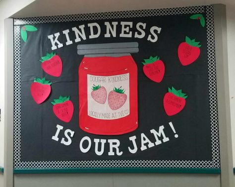 Berry Bulletin Board Ideas, School Kitchen Door Decoration, Cute Bulletin Boards For School, Students Work Bulletin Board, School Kitchen Decorations, Grocery Store Bulletin Board Ideas, Lunch Lady Bulletin Boards, Food Theme Bulletin Board Ideas, Food Themed Bulletin Boards