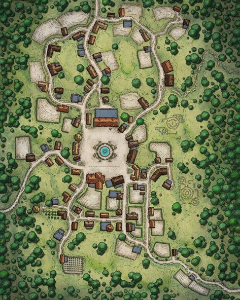 Elven City Battlemap, Dnd Small Town Map, Medieval Town Map, Medieval Village Map, D&d Town Map, Medieval Dynasty Village Layout, Forest Village Map, Fantasy Map Village, Dnd Map Ideas