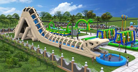 Giant Dinosaur Skeleton Inflatable Water Slide with Splash Pool new design for kids and adults, amazing water game to celebrate the upcoming summer! #dinosaur #skeleton #waterslide #inflatables Water Slides Backyard, Cool Water Slides, Water Park Ideas, Kids Garden Toys, Giant Water Slide, Backyard Water Parks, Water Slide Bounce House, Inflatable Dinosaur, Cool Pool Floats