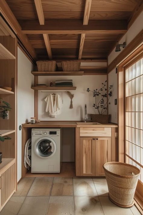 Serene-laundry-area-with-wall-mounted-drying-racks-and-folding-station.webp (896×1344) Japanese Laundry Room, Japanese Zen Room, Utility Room Ideas Small, Folding Station, Shoji Sliding Doors, Interior Japandi, Outdoor Laundry Rooms, Japandi Interior Design, Minimalist Space