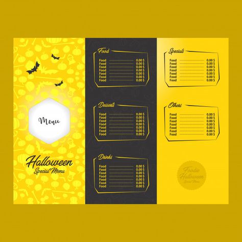 Menu Card Design, Halloween Menu, About Halloween, Menu Book, Menu Cards, Yellow And Black, Menu Design, Food Design, Premium Vector