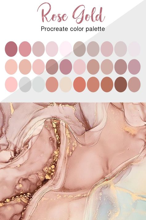 Rose Gold Procreate Color Palette | Ipad Procreate Swatches | Pastel Color Palette | Pastel Colors | Pink Colors | Instant Download Handpicked color palette for Procreate. Rose Gold color palette. Pink pastel Procreate swatches for digital illustrations. Perfect colour palette for digital drawing. #etsy #color #palette #colour #rosegold #rose #gold #pink #pastel #sweet #weeding #brand #branding #inspiration #ipad #drawing #digital #swatches #purple #red #valentine #procreate Gold Procreate, Rose Gold Color Palette, Rose Gold Interior, Rose Gold Bedroom, Pink Paint Colors, Rose Gold Painting, Pink Wedding Decorations, Procreate Color Palette, Pastel Color Palette