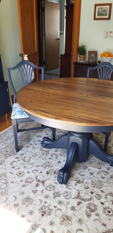 Cappuccino table top and Midnight Blue base and chairs.....gorgeous Blue Painted Table And Chairs, Dinning Room Table With Blue Chairs, Blue Wood Dining Chairs, Repurposed Table And Chairs, Dining Room Table Blue, Refinished Dinning Room Tables, Renovated Dining Table, Wood Top Table With Painted Base, Redoing Table And Chairs Diy