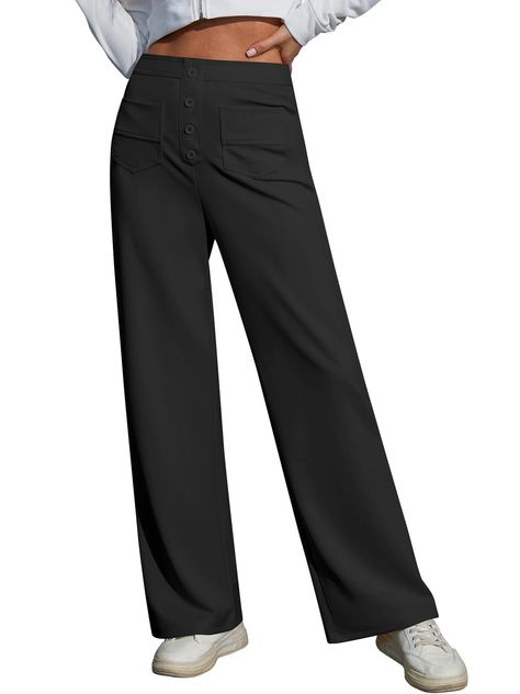 PRICES MAY VARY. [Skin-friendly Material]: These women's work pants are made of high-quality stretch breathable skin-friendly fabric, high waist trousers made of 95% Polyester, 5% Spandex, allowing you to focus on your work without feeling any discomfort or irritation. [Trend Design]: The high-waisted design of these high waisted trousers provides a slimming effect, and the trousers are decorated with buttons to add a touch of sophistication and elegance to your work attire. And multiple pockets Black Pants Women Classy, Straight Wide Leg Pants, Work Pants Women, Womens Office, Office Pants, Women Trousers, High Waist Trousers, Womens Business Casual, Leg Work