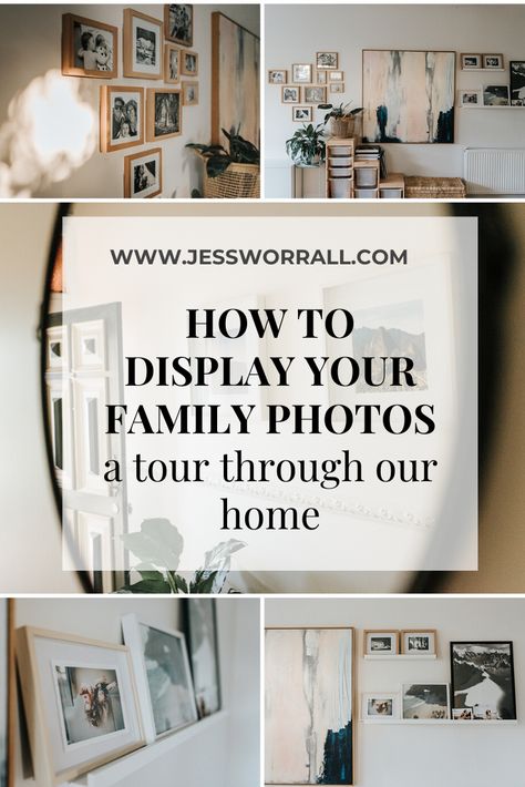 Family Photo Living Room Decor, Photos In House Ideas, Grouping Family Photos On Wall, How Display Family Photos, Where To Put Family Pictures In House, Family Photo Home Decor, Family Pictures Decor Ideas, Displaying Photos In Home, Best Way To Display Photos