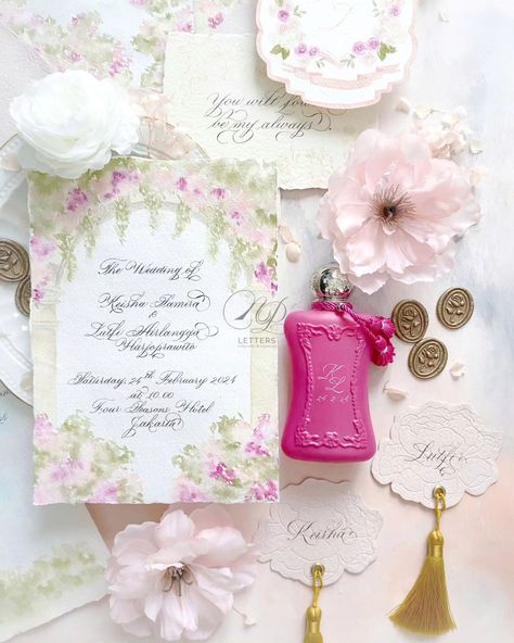 An invitation keepsake for #KEISHAyanganLUTFI in pink and magenta. It's my first flat lay with hand-engraved calligraphy perfume in it. It's a small detail that matters! I love everything personalised 😍 -- 𝐍𝐏 𝐋𝐄𝐓𝐓𝐄𝐑𝐒 𝘓𝘪𝘷𝘦 𝘌𝘷𝘦𝘯𝘵 | 𝘞𝘦𝘥𝘥𝘪𝘯𝘨 | 𝘊𝘰𝘮𝘮𝘪𝘴𝘪𝘰𝘯 𝘊𝘰𝘯𝘵𝘢𝘤𝘵 𝘶𝘴 𝘵𝘰 𝘣𝘰𝘰𝘬 𝘰𝘶𝘳 𝘤𝘢𝘭𝘭𝘪𝘨𝘳𝘢𝘱𝘩𝘺 𝘴𝘦𝘳𝘷𝘪𝘤𝘦𝘴 ✍🏼 📱 +62 812 1021 2337 📩 𝘯𝘱𝘭𝘦𝘵𝘵𝘦𝘳𝘴.𝘣𝘶𝘴𝘪𝘯𝘦𝘴𝘴@𝘨𝘮𝘢𝘪𝘭.𝘤𝘰𝘮 -- #np_weddingkeepsake Small Detail, Live Events, Hand Engraving, Flat Lay, Calligraphy, 10 Things, Pink, Design