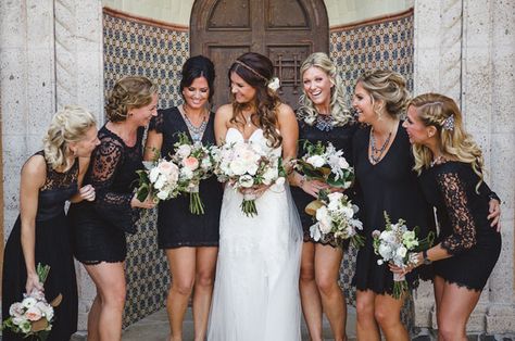 black dress bridesmaids Short Black Bridesmaid Dresses, Bridesmaids In Black, Bridesmaid Boutique, Bridesmaids Dress Inspiration, Black Bridesmaids, Mob Dresses, Black White Wedding, Black Bridesmaid Dresses, Wedding 2015