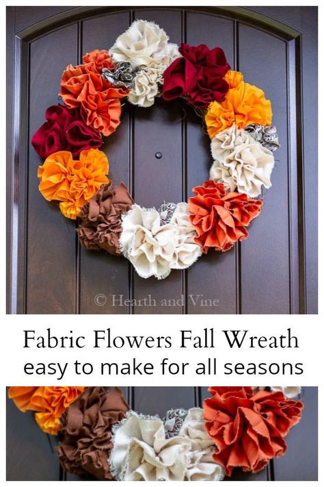 Learn how you can easily make this fabric flower fall wreath by using strips of scrap material or cheap remnants from the fabric store. #diy  #diyhomedecor #falldecor #flowers #wreath Flower Fall, Easy Fall Wreaths, Flowers Wreath, Scrap Fabric Projects, Fabric Wreath, Rag Wreath, Scrap Material, Fabric Flowers Diy, Fall Fabric