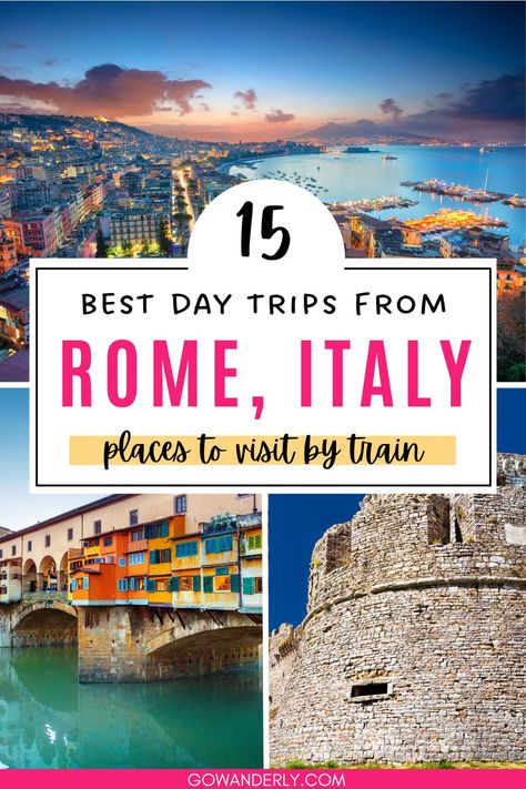 List of 15 day trips from Rome accessible by train, featuring various destinations and attractions in Italy. One Week Rome Itinerary, Train Trip Through Italy, Day Trip From Rome Italy, Day Trips From Rome By Train, Rome Day Trips, Rome Italy Photography, Day Trip From Rome, Italy Places To Visit, Medieval Towns