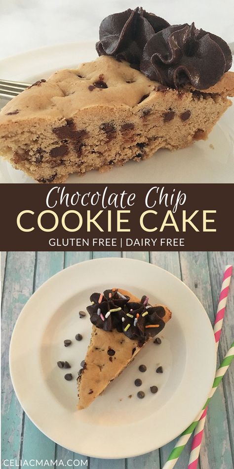 Gluten free chocolate chip cookie cake is such a fun way to celebrate birthdays and special occasions! The recipe is gluten free and dairy free, and full of delicious chocolatey flavor that will leave your guests asking for more. | Celiac Mama | cookie cake recipe | birthday treats | gluten-free cookie cake | gluten-free and dairy-free dessert | gluten-free treats || #cookiecake #glutenfreerecipes #birthdaycakes Mspi Diet, Vegan Gardening, Lyme Diet, Dairy Free Cake Recipe, Dairy Free Chocolate Cake, Banana Muffin, Dairy Free Cookies, Dairy Free Cake, Chocolate Chip Cookie Cake