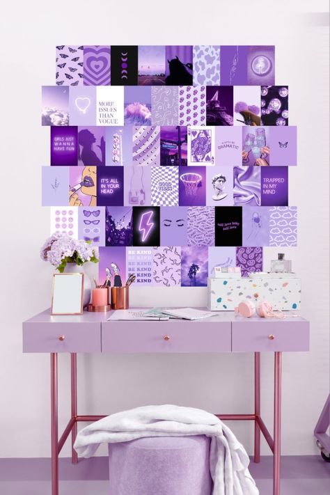 PURPLE AESTHETIC ROOM DECOR: Give your home a new look with Haus and Hues's purple collage kit for wall aesthetic. #HausandHues #purplekit #collagekits Purple Wall Design Bedrooms, Room Ideas Purple Wall, Wall College Aesthetic, Purple Room Decor Ideas, Purple Aesthetic Room Decor, Lavender Room Ideas, Purple Aesthetic Room, Purple Office Decor, Collage Aesthetic Pictures