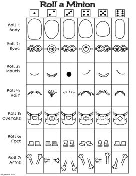 Fun drawing activity for students of all ages. Roll then draw each part of your very own minion character! Roll To Draw, Drawing Comic Characters, Roll A Drawing, Roll And Draw Free Printables, Roll A Character, Roll A Monster, Roll And Draw, Game Ideas For Kids, Students Drawing