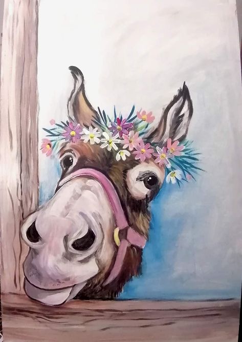 Cute Donkey Drawing Art, Donkey Paintings, Donkey Drawing, Painted Rooster, Donkey Art, Farm Animal Paintings, Ocean Art Painting, Highland Cow Painting, Easter Canvas