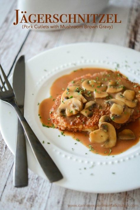 Jägerschnitzel is a German or Austrian dish made of pork or veal cutlets; then topped with a mushroom, brown gravy. Mushroom Brown Gravy, Pork Cutlet Recipes, Schnitzel Recipes, Veal Cutlet, Veal Recipes, Pork Schnitzel, Mushroom Brown, Cutlets Recipes, Austrian Recipes