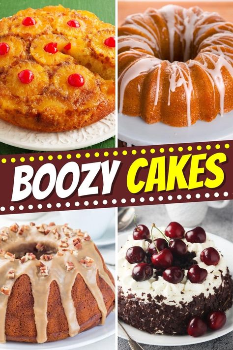 While most boozy cakes are full of rum, we've got so much more to explore here! From gin and wine to champagne and whisky, these recipes are to die for. Liquor Infused Bundt Cakes, Boozy Rum Cake, Boozy Red Velvet Cake, Easy Boozy Cakes, Cakes Made With Liquor, Alcohol Bundt Cake Recipes, Boozy Poke Cake Recipes, Liquor Desserts Ideas, Food With Alcohol In It Recipes