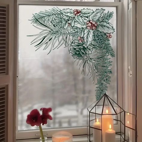 Christmas Pvc Glass Sticker, Green Plant Glass Film Waterproof Removable Window Static Sticker Christmas Decoration Window Flower Sticker - Temu Pine Leaf, Christmas Plants, Christmas Window Decorations, Christmas Border, Wallpaper Furniture, Plant Wallpaper, Christmas Window, Window Art, Window Clings