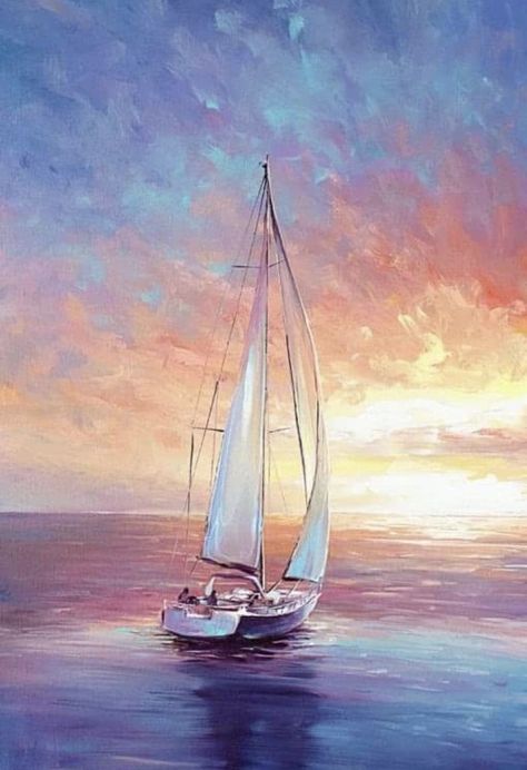 Sailboat Painting Acrylic, Christmas Paintings On Canvas Acrylics, Boat Painting Acrylic, Monika Luniak, Boats Painting, Beach Scene Painting, Boat Drawing, Sailing Art, Sailboat Art