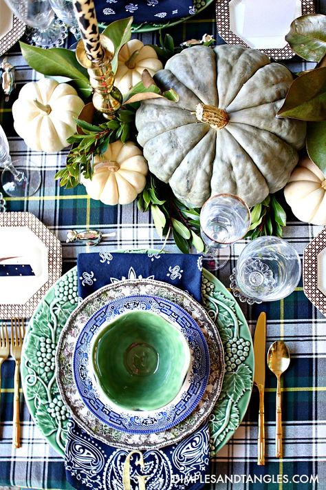 Thanksgiving Table Inspiration, Tablescape Thanksgiving, Dimples And Tangles, Blue Willow Dishes, Outdoor Thanksgiving, Thanksgiving Tablescape, Plaid Tablecloth, Green Pumpkin, Thanksgiving Table Settings