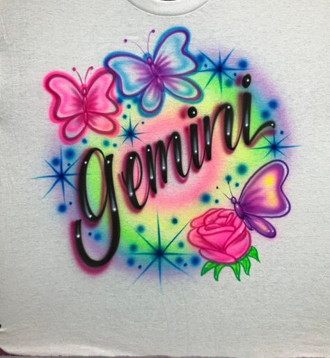 Graffiti Logo Airbrush T Shirts Design, Gemini Airbrush Shirt, Airbrush Art Tshirt, Airbrush Tshirt Ideas, Y2k Airbrush Shirt, Airbrush Shirt Ideas, Y2k Airbrush, Airbrush Clothing, Airbrush Projects