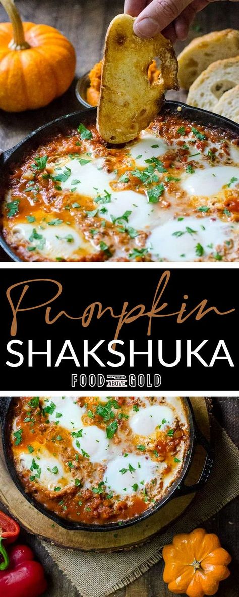 #ad With only a few ingredients, this pumpkin shakshuka recipe is loaded with autumnal flavor. Serve it on potatoes or with crusty bread for a delicious breakfast. This pumpkin shakshuka recipe is a great way to use an opened can of pumpkin puree. This gluten-free savory breakfast is extremely flavorful and done in about 20 minutes. You’ll love this recipe with its autumnal twist and look forward to making it over and over every year. | @foodabovegold #fallShakshukarecipe #howtomakeShakshuka Savory Pumpkin Casserole Recipes, Savory Pumpkin Breakfast, Pumpkin Soup With Pumpkin Puree, Grilled Pumpkin Recipes, Dinners With Pumpkin Puree, Savory Apple Recipes Vegetarian, Autumn Recipes Gluten Free, Gourmet Autumn Recipes, Shredded Pumpkin Recipes