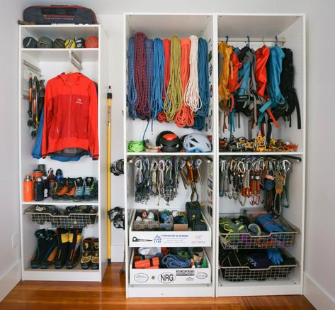 Outdoor Gear Room, Climbing Gear Organization, Gear Room Ideas, Gear Room Organization, Outdoor Gear Organization, Sports Gear Storage, Outdoor Gear Storage, Camping Gear Storage, Gear Organization