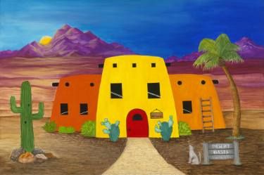 Desert Oasis Southwest Colors, Adobe House, Desert Oasis, Desert Art, Desert Painting, Painting Media, Southwest Art, Original Landscape Painting, In The Desert