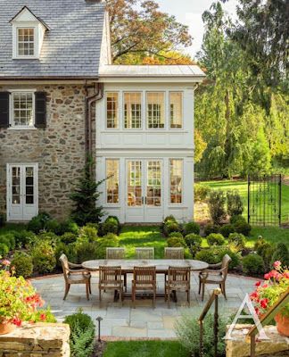 Stone Sunroom Exterior, Stone Addition To House, Homes In Oregon, Tori Rubinson Interiors, Cute Big Houses, Sims 4 Hus, Farmhouse Sunroom, Timeless House, Color Coordination