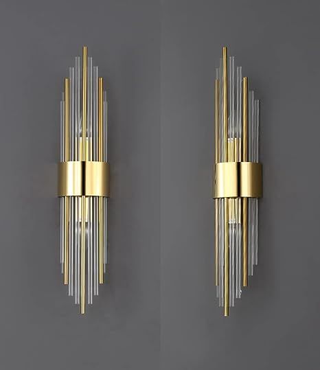 2-Light Modern Brushed Titanium Gold Wall Sconce with Clear Glass. Crystal Luxury Wall Light Fixtures for Bedroom, Living Room, Bathroom, Vanity Mirror or Hallway. Light Fixtures come with a Set of 2. Brand: SHAWNKEY Color: Gold Material: Stainless Steel Style: Modern Light fixture form: Sconce Luxury Wall Lights, Art Deco Wall Lights, Wall Lights Living Room, Metal Wall Light, Led Design, Modern Wall Lamp, Wall Sconces Bedroom, Sconces Bedroom, Indoor Wall Lights