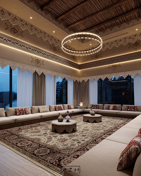 NAJDI MAJLIS on Behance Modern Arabic Interior, Arabic Living Room, Arabic Interior Design, Majlis Design, Islamic Interior Design, Arabian Decor, Loft House Design, Luxury Living Room Decor, Loft House