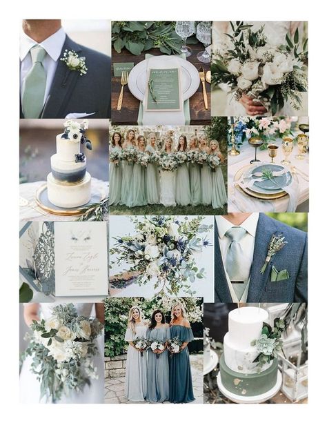 Eucalyptus And White Wedding Color Scheme, Sage Green And Navy Blue Wedding Arch, Green Tone Wedding Theme, Save Green And Dusty Blue Wedding, Blue Green Cream Wedding, Dusty Blue Green And White Wedding, Eucalyptus Navy Wedding, Spring Wedding Greenery, Navy And Seafoam Wedding