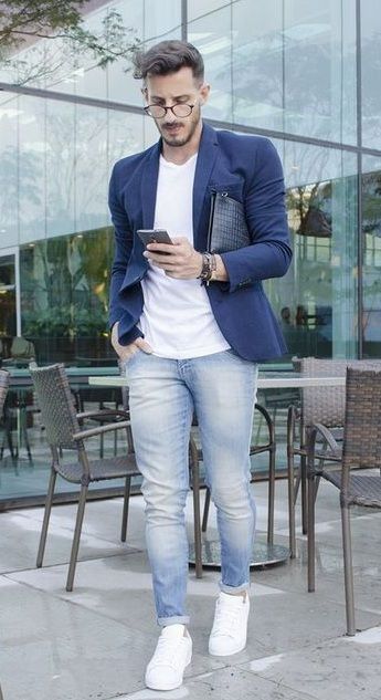 Blue Blazer Outfit Men, Business Casual Outfits For Men, Blue Blazer Outfit, Best Business Casual Outfits, Jaket Denim, Blazer Outfits Men, Outfit Hombre, White Jeans Men, Mens Fashion Blazer