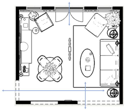 How to Arrange a Square Living Room with Doors on 3 Walls and a Pass-Through Passthrough Living Room, Pass Through Living Room Layout, Couch Placement, Kitchen Pass Through, Square Living Room, Room Arrangement, Square Kitchen, Living Room Furniture Layout, Focal Wall