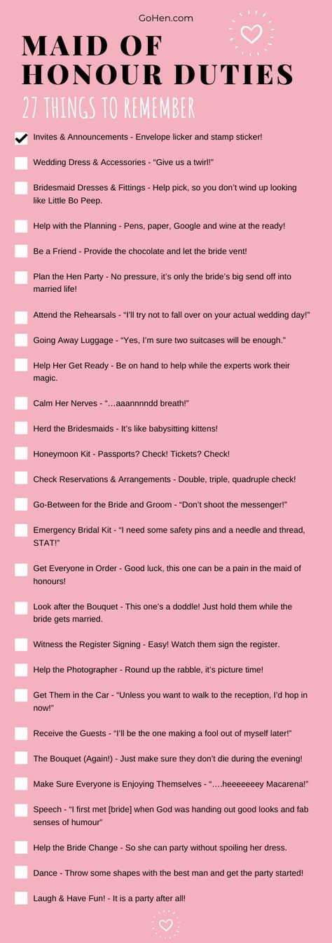 So your partner-in-crime is getting married and she’s asked you to be her maid of honor. Your role as the chief bridesmaid is to help alleviate the stress along the way and make sure it all runs as smoothly as possible. “But how?!” We hear you scream. Well, we’ve come up with a checklist for those all-important maid of honor duties, so you don’t feel too overwhelmed!  #maidofhonorduties #maidofhonor #bridesmaids #mohduties #weddingchecklist #checklist #bridesmaidchecklist Maid Of Honour Duties Checklist, Tasks For Bridesmaids, How To Be A Good Maid Of Honor, Chief Bridesmaid Dresses Maid Of Honor, Bridesmaid Tasks List, Maid Of Honour Duties, Made Of Honor Duties, Maid Of Honor Dress Different, Maid Of Honor Duties Checklist