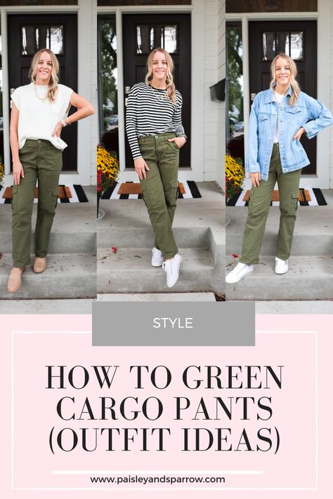 Womens Olive Green Pants Outfits, Green Pattern Pants Outfit, Green Cargo Pants Outfit For Work, What To Wear With Army Green Cargo Pants, Green Olive Cargo Pants Outfit, Sage Cargo Pants Outfit, Army Green Linen Pants Outfit, Green Cargo Joggers Outfit Women, Green Cargo Pant Outfits Women