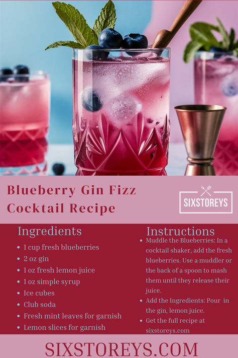 Blueberry Gin Fizz Cocktail Recipe Gin Cocktail Recipes Easy, Gin Cocktails Easy, Blueberry Cocktail, Blueberry Gin, Cocktails Easy, Gin Fizz Cocktail, Blueberry Delight, Fizz Cocktail, Mint Simple Syrup