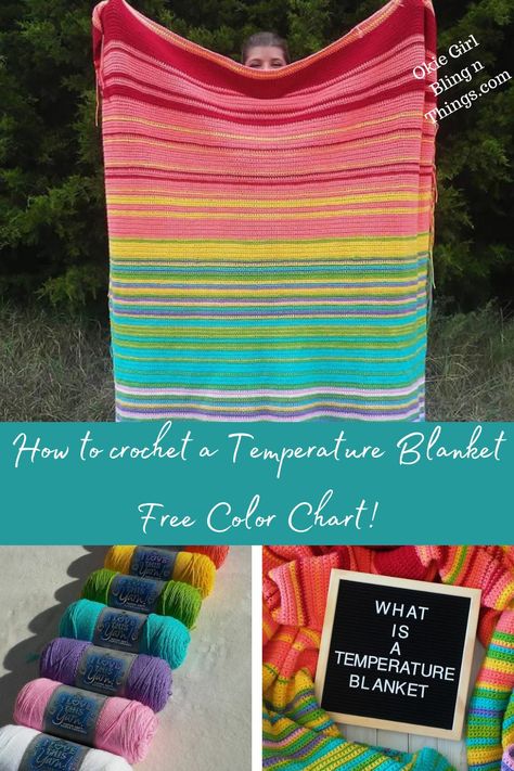 Temperature Blanket Crochet Beginner, Temperature Afghan Color Chart, Finished Temperature Blanket, How To Make A Temperature Blanket Crochet, Weather Crochet Blanket Pattern, Temperature Blanket Crochet Pastel, Crochet A Temperature Blanket, Temperature Blankets Knit, Temp Blanket Crochet Pattern