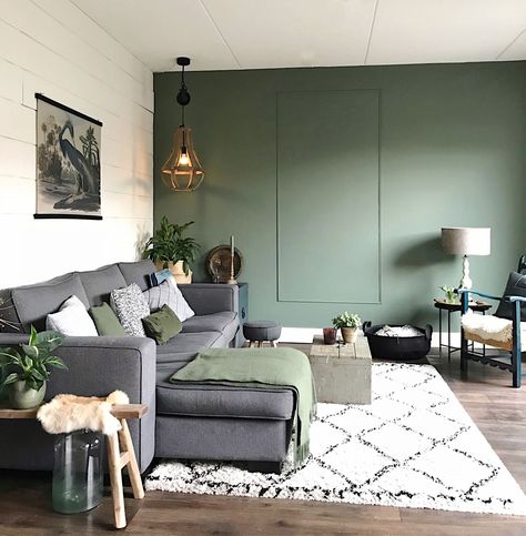 sage walls with grey couch-2 Sage Living Room, Green Walls Living Room, Sage Green Living Room, Green Living Room Decor, Living Room Color Schemes, Green Walls, 아파트 인테리어, Neutral Living Room, Hus Inspiration