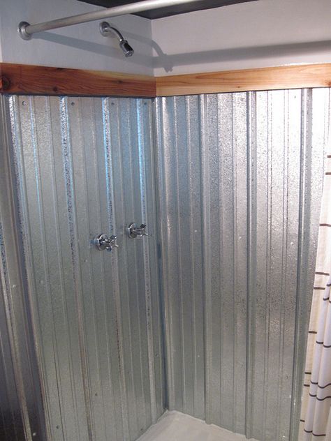 Hmmm.  Galvanized metal shower surround [links to the full DIY how-to].  INteresting. Galvanized Shower Walls, Corrugated Metal Shower, Galvanized Shower, Tin Shower, Rustic Bathroom Shower, Makeover Kamar Mandi, Primitive Bathrooms, Casa Loft, Bathroom Closet